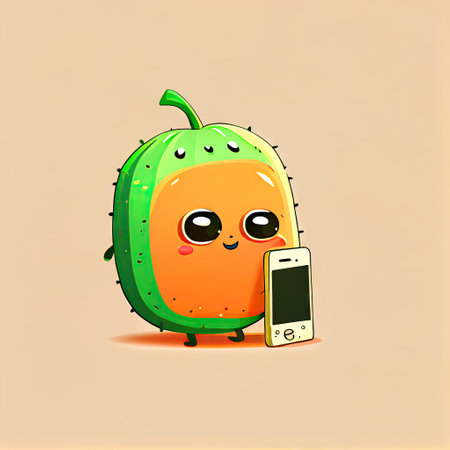 cute melon cartoon character looking at the smartphone, cartoon style, modern simple illustrationの写真素材
