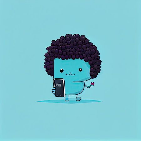 cute mulberry cartoon character looking at the smartphone, cartoon style, modern simple illustrationの写真素材