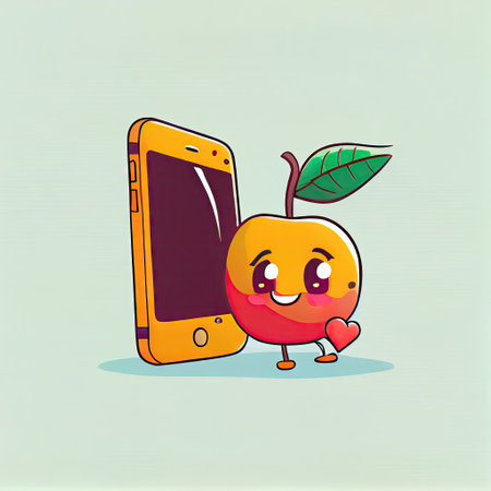 cute nectarine cartoon character looking at the smartphone, cartoon style, modern simple illustrationの写真素材