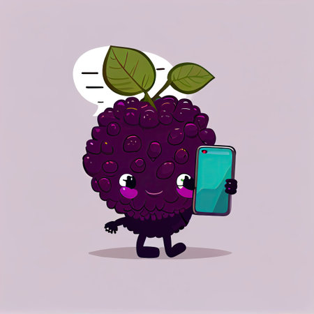cute mulberry cartoon character looking at the smartphone, cartoon style, modern simple illustrationの写真素材