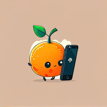 cute orangefruit cartoon character looking at the smartphone, cartoon style, modern simple illustrationの写真素材
