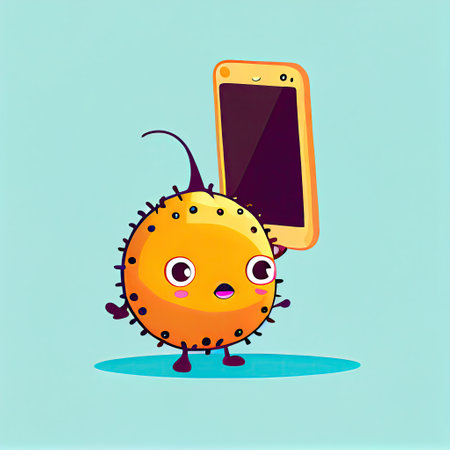 cute passionfruit cartoon character looking at the smartphone, cartoon style, modern simple illustrationの写真素材