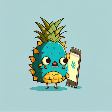 cute pineapple cartoon character looking at the smartphone, cartoon style, modern simple illustrationの写真素材
