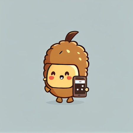 cute pinenut cartoon character looking at the smartphone, cartoon style, modern simple illustrationの写真素材