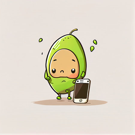 cute pistachio cartoon character looking at the smartphone, cartoon style, modern simple illustrationの写真素材