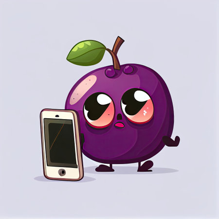 cute plum cartoon character looking at the smartphone, cartoon style, modern simple illustrationの写真素材
