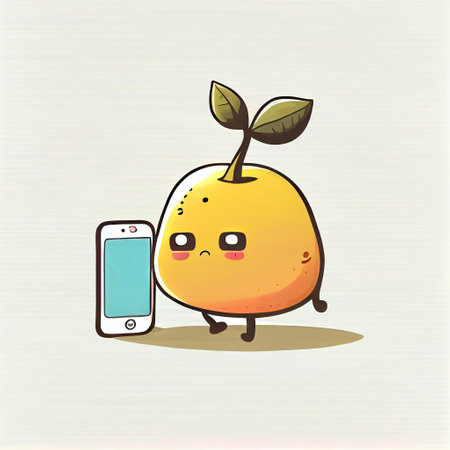 cute quince cartoon character looking at the smartphone, cartoon style, modern simple illustrationの写真素材