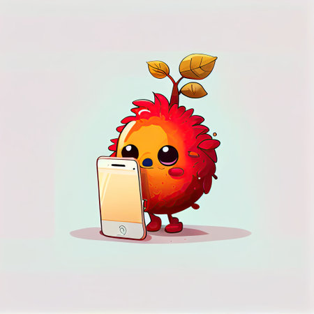 cute rowan cartoon character looking at the smartphone, cartoon style, modern simple illustrationの写真素材