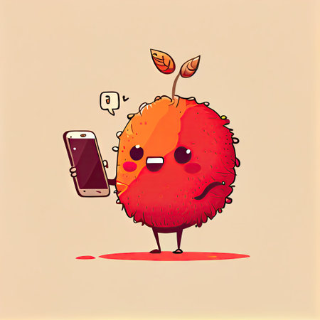 cute rowan cartoon character looking at the smartphone, cartoon style, modern simple illustrationの写真素材