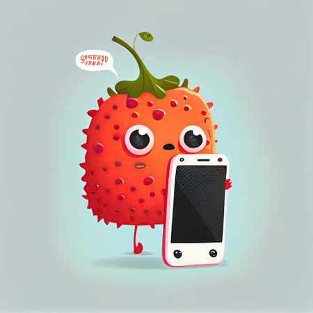 cute salmonberry cartoon character looking at the smartphone, cartoon style, modern simple illustrationの写真素材