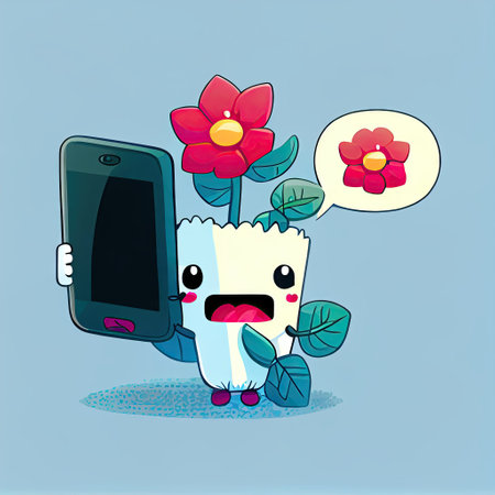 cute snapdragon flower cartoon character looking at the smartphone, cartoon style, modern simple illustrationの写真素材