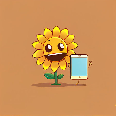 cute sun flower flower cartoon character looking at the smartphone, cartoon style, modern simple illustrationの写真素材