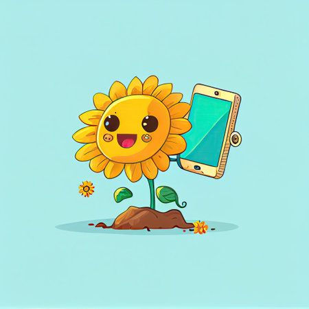 cute sun flower cartoon character looking at the smartphone, cartoon style, modern simple illustrationの写真素材