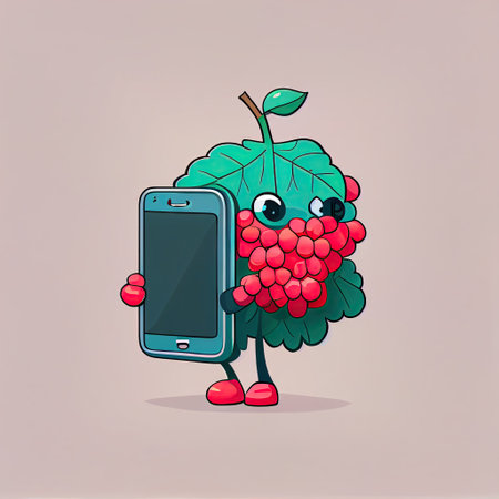 cute viburnum cartoon character looking at the smartphone, cartoon style, modern simple illustrationの写真素材