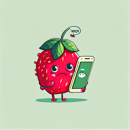 cute wildstrawberry cartoon character looking at the smartphone, cartoon style, modern simple illustrationの写真素材