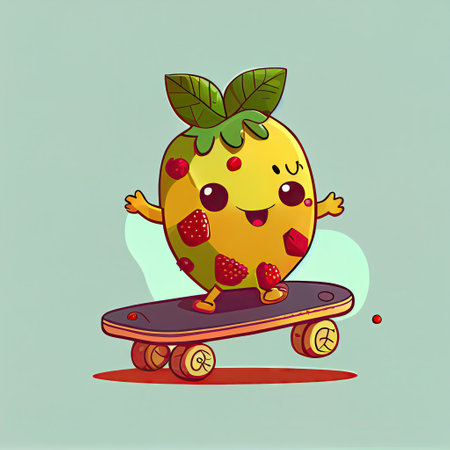 cute acaiberry cartoon character on a skateboard, cartoon style, modern simple illustrationの写真素材