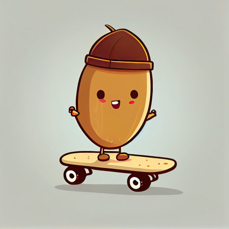 cute acorn cartoon character on a skateboard, cartoon style, modern simple illustrationの写真素材