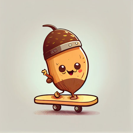 cute acorn cartoon character on a skateboard, cartoon style, modern simple illustrationの写真素材