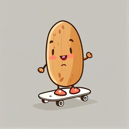 cute almond cartoon character on a skateboard, cartoon style, modern simple illustrationの写真素材