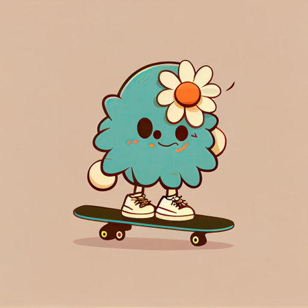 cute aster flower cartoon character on a skateboard, cartoon style, modern simple illustrationの写真素材