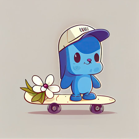 cute bluebell flower cartoon character on a skateboard, cartoon style, modern simple illustrationの写真素材