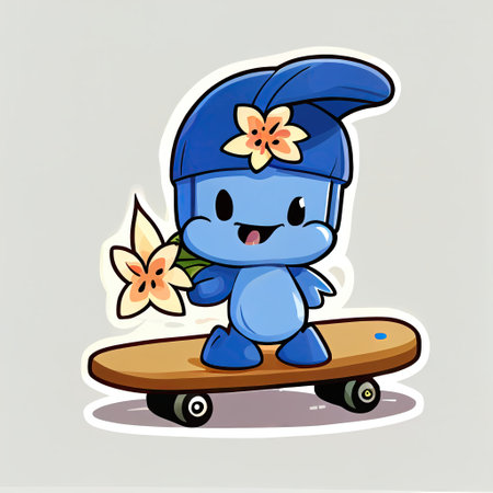 cute bluebell flower cartoon character on a skateboard, cartoon style, modern simple illustrationの写真素材