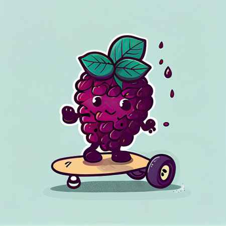 cute boysenberry cartoon character on a skateboard, cartoon style, modern simple illustrationの写真素材