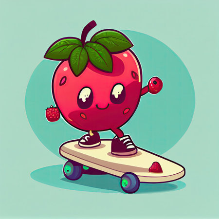 cute cowberry cartoon character on a skateboard, cartoon style, modern simple illustrationの写真素材