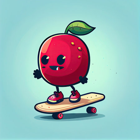 cute cranberry cartoon character on a skateboard, cartoon style, modern simple illustrationの写真素材