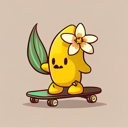 cute daffodil flower cartoon character on a skateboard, cartoon style, modern simple illustrationの写真素材