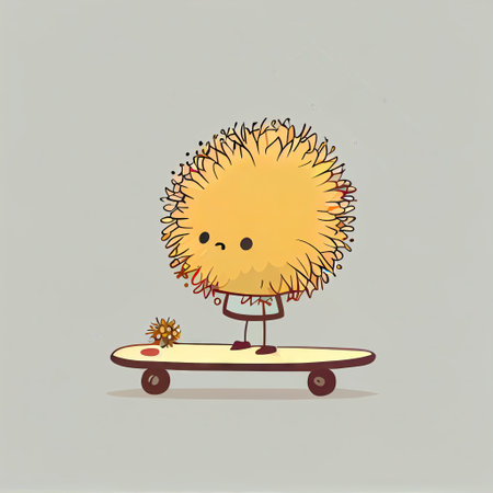cute dandelion flower cartoon character on a skateboard, cartoon style, modern simple illustrationの写真素材