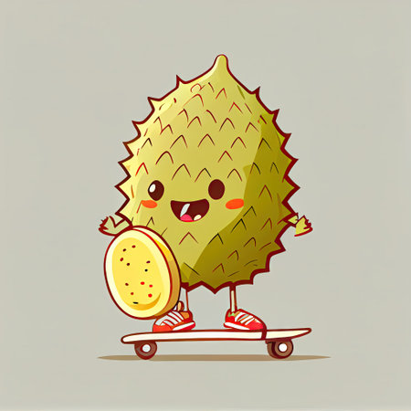 cute durian cartoon character on a skateboard, cartoon style, modern simple illustrationの写真素材