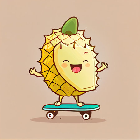cute durian cartoon character on a skateboard, cartoon style, modern simple illustrationの写真素材