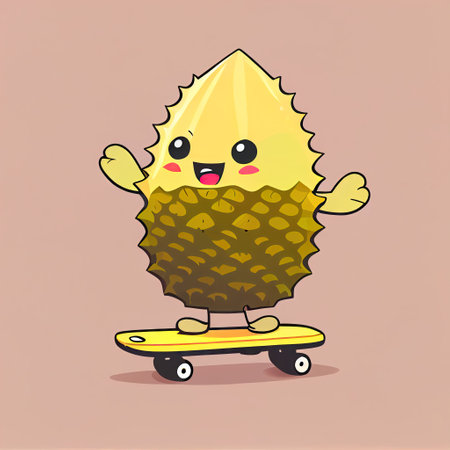 cute durian cartoon character on a skateboard, cartoon style, modern simple illustrationの写真素材