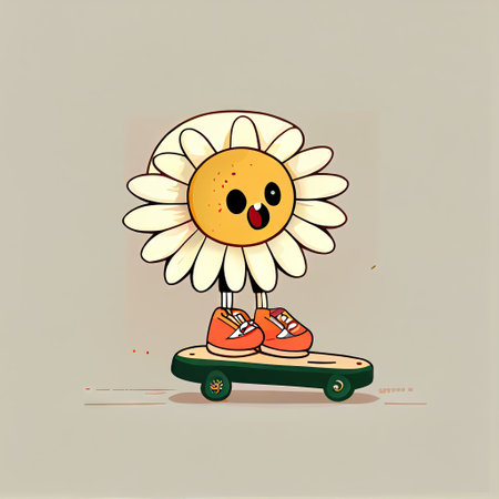 cute gerbera flower cartoon character on a skateboard, cartoon style, modern simple illustrationの写真素材