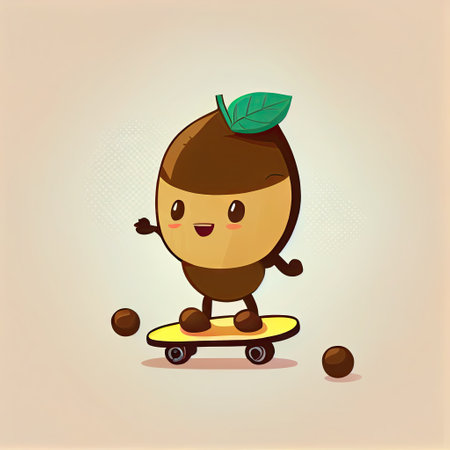 cute hazelnut cartoon character on a skateboard, cartoon style, modern simple illustrationの写真素材