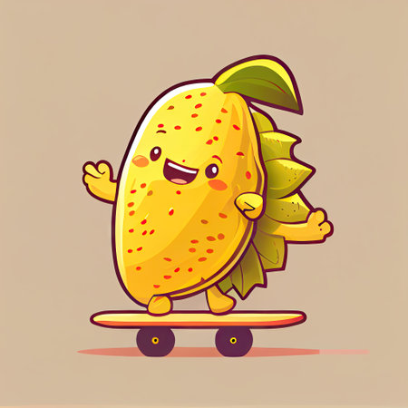 cute jackfruit cartoon character on a skateboard, cartoon style, modern simple illustrationの写真素材