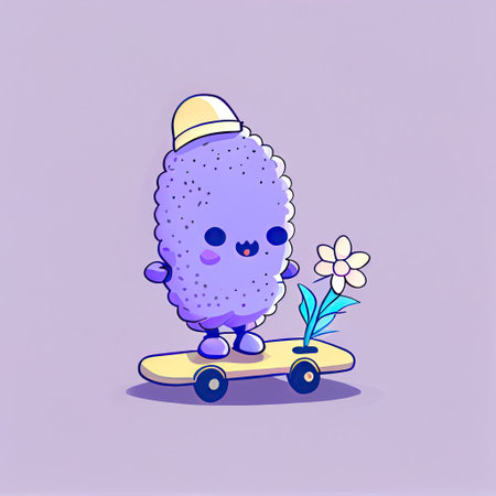 cute lavender flower cartoon character on a skateboard, cartoon style, modern simple illustrationの写真素材
