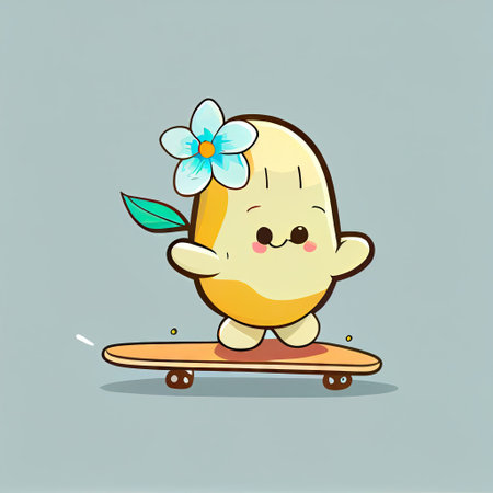 cute lily flower cartoon character on a skateboard, cartoon style, modern simple illustrationの写真素材