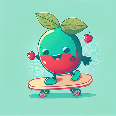 cute lingonberry cartoon character on a skateboard, cartoon style, modern simple illustrationの写真素材
