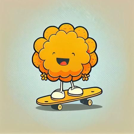 cute marigold flower cartoon character on a skateboard, cartoon style, modern simple illustrationの写真素材