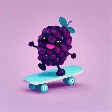 cute marionberry cartoon character on a skateboard, cartoon style, modern simple illustrationの写真素材
