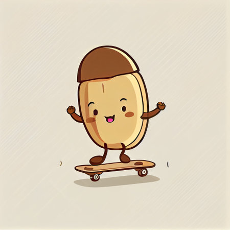 cute pecan cartoon character on a skateboard, cartoon style, modern simple illustration