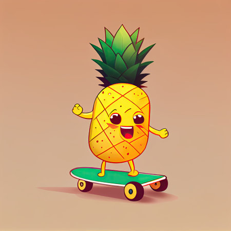 cute pineapple cartoon character on a skateboard, cartoon style, modern simple illustrationの写真素材