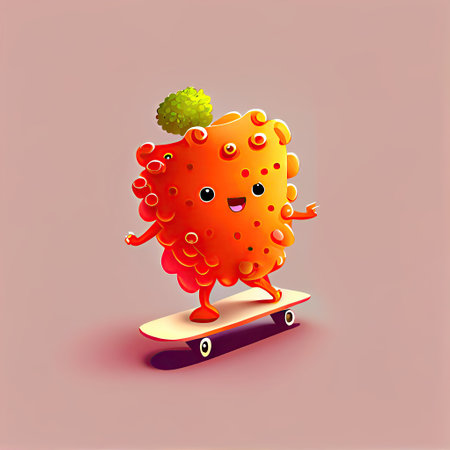 cute salmonberry cartoon character on a skateboard, cartoon style, modern simple illustrationの写真素材