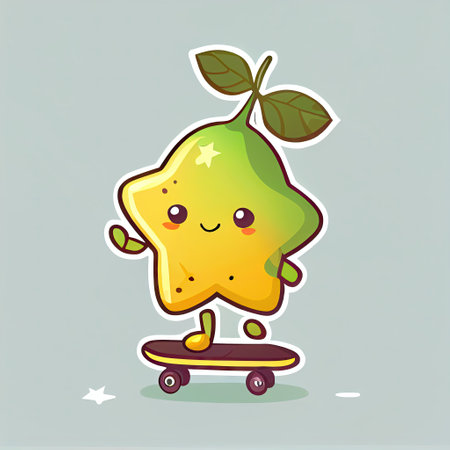 cute starfruit cartoon character on a skateboard, cartoon style, modern simple illustrationの写真素材