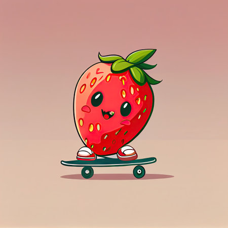 cute strawberry cartoon character on a skateboard, cartoon style, modern simple illustrationの写真素材