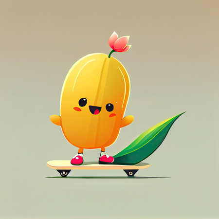 cute tulip flower cartoon character on a skateboard, cartoon style, modern simple illustrationの写真素材
