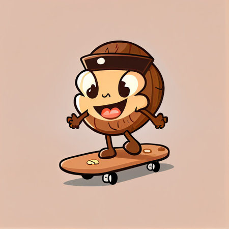 cute walnut cartoon character on a skateboard, cartoon style, modern simple illustrationの写真素材