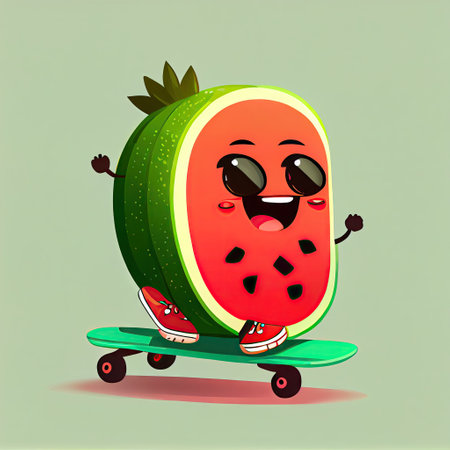 cute watermelon cartoon character on a skateboard, cartoon style, modern simple illustrationの写真素材